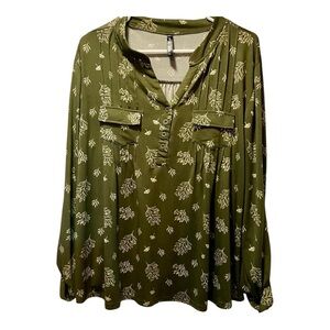 White Mark Green Long Sleeve Blouse with Mandarin Collar